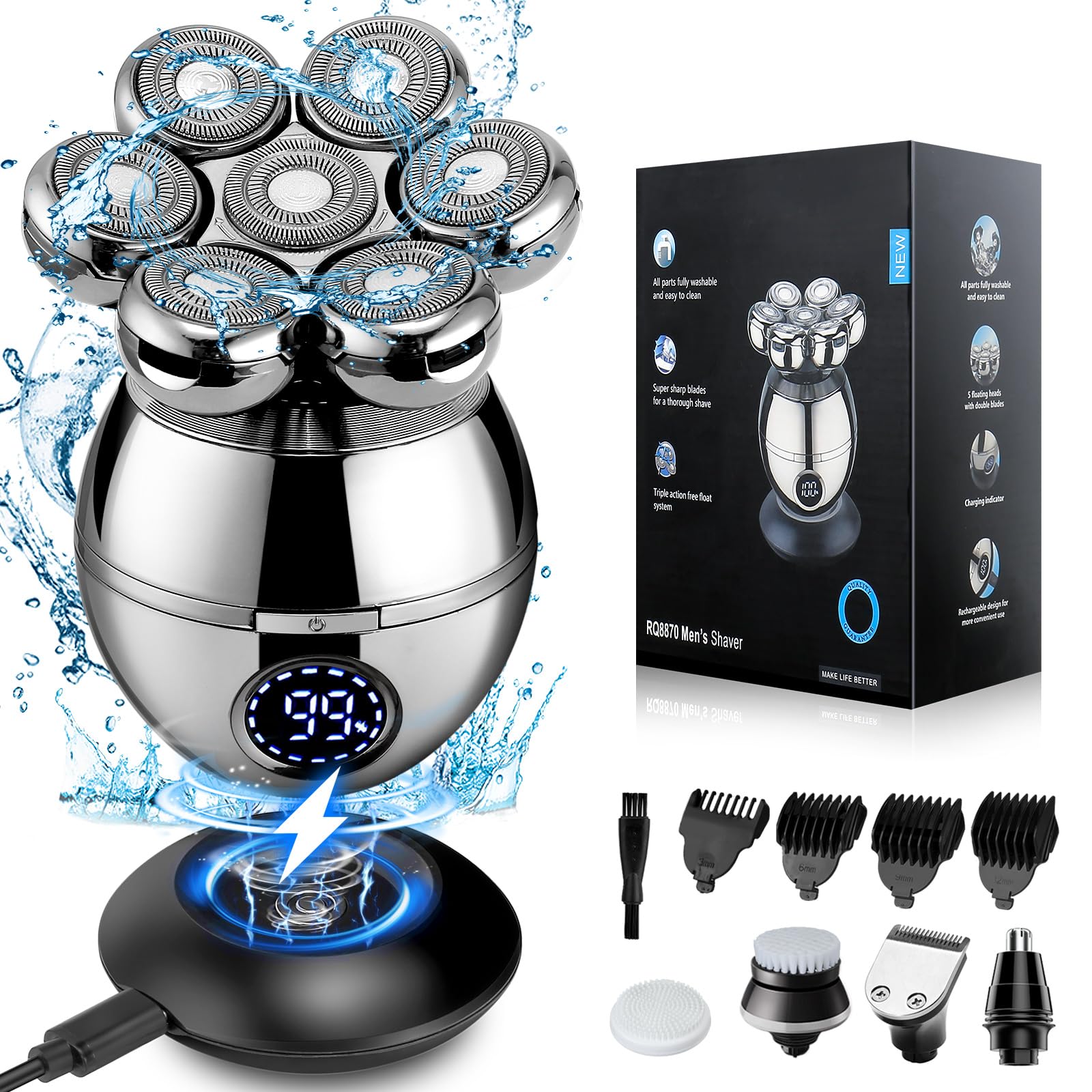 Head Shavers for Men, 7D Electric Head Shaver for Bald Men, 6-in-1 Wet & Dry Rotary Head Razor for Face & Head with Dispaly, Men's Grooming Kit with Beard/Nose Trimmer, Brush, Wireless Charging Base