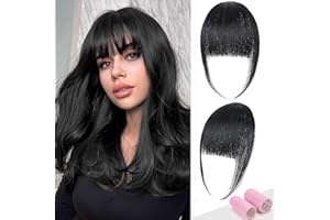 LEEONS Clip in Bangs Black 100% Human Hair Bangs Clip on Air Bangs Black Clips in Blunt Cut Bangs Fake Bangs for Natural Hair Human Hair Bangs for Women Daily Party/Halloween Use(1B#)