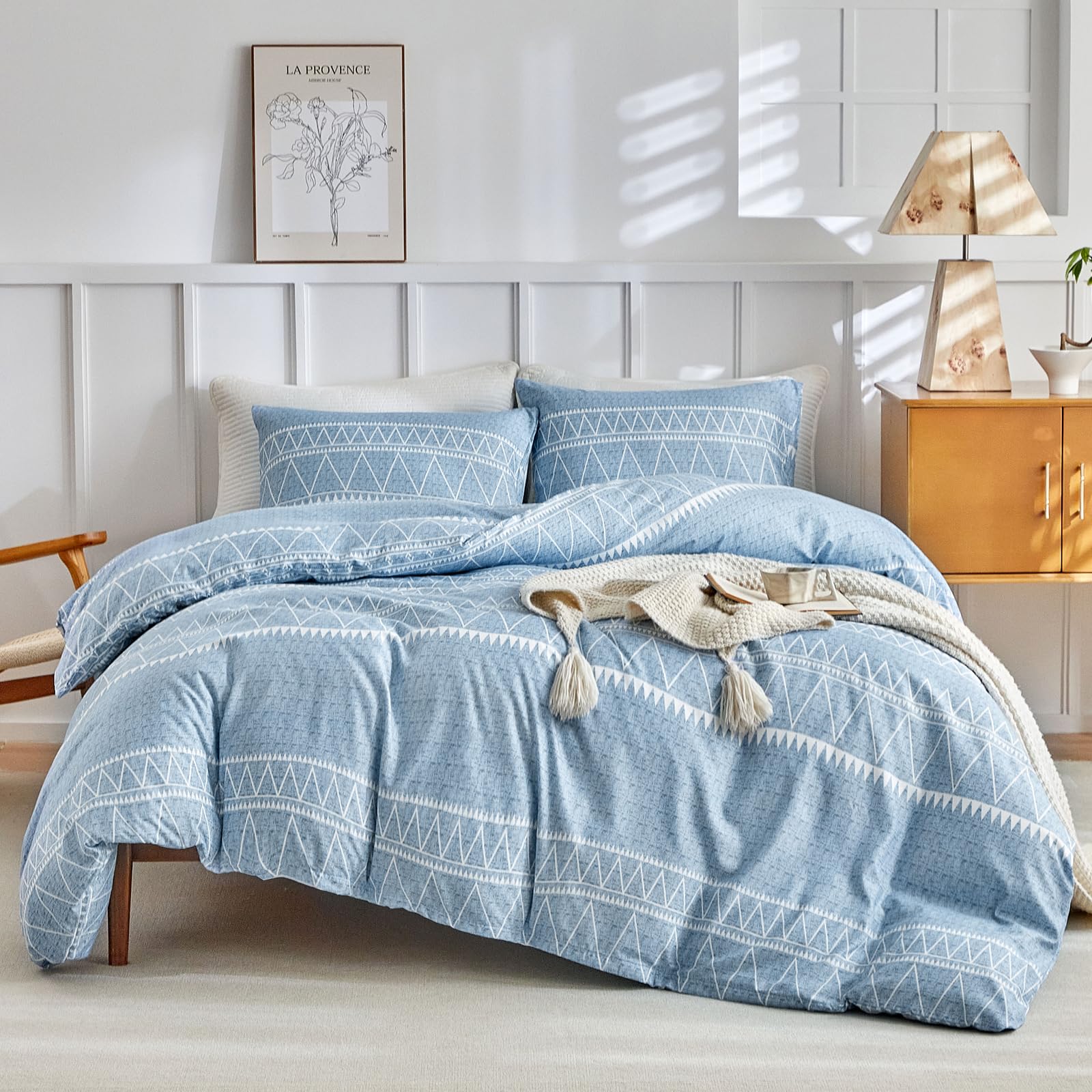 Lekesky Super King Size Duvet Cover Sets Blue Bedding - Boho Stripe Print Super King Duvet Set (1x Duvet Cover, 2x Pillowcases) Ultra-Soft Microfibre Blue Duvet Cover Super King