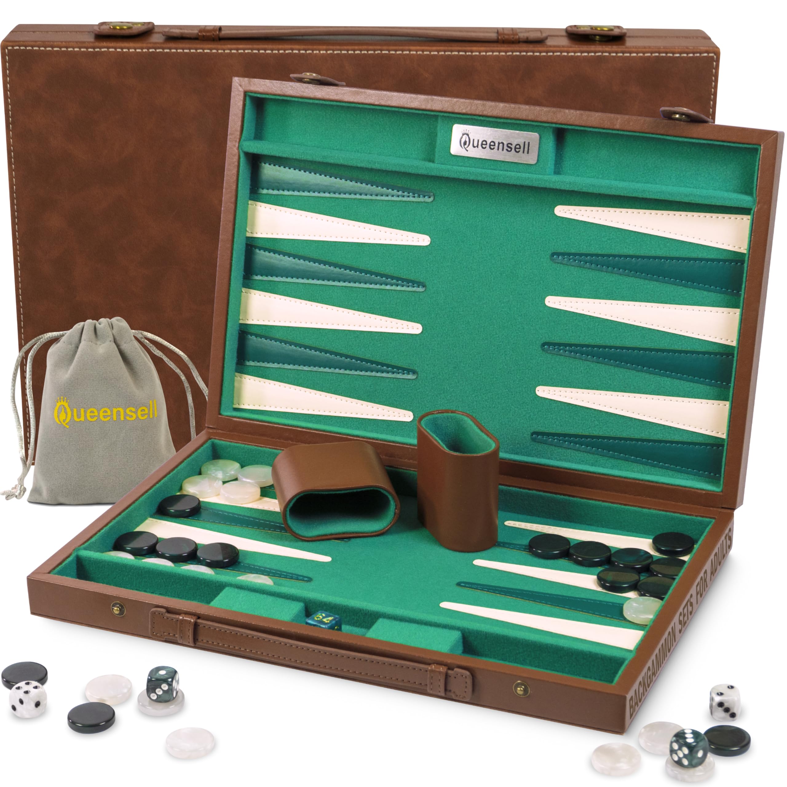Photo 1 of Premium 15 Inch Backgammon Set for Adults – Classic Faux Suede Leather Backgammon Board with 32 Chips, Dice Cups & Doubling Cube