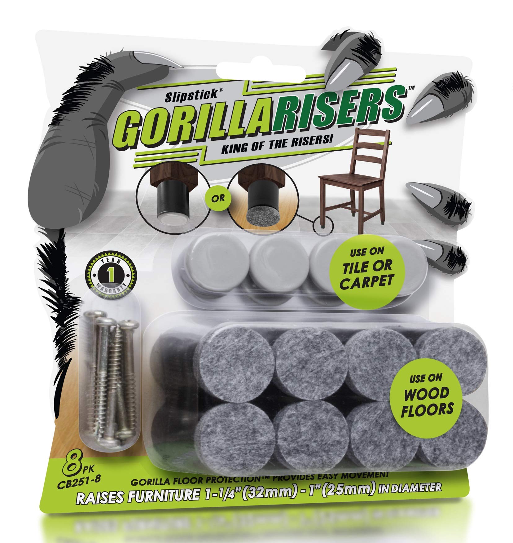 GorillaRisers CB251-8 Furniture Riser Floor Protectors/Felt & Plastic Glides Combo (Set of 8 Legs) Screw on Slider Feet Raise Chair Height 1-1/4” to 1-1/2 Inches, Black
