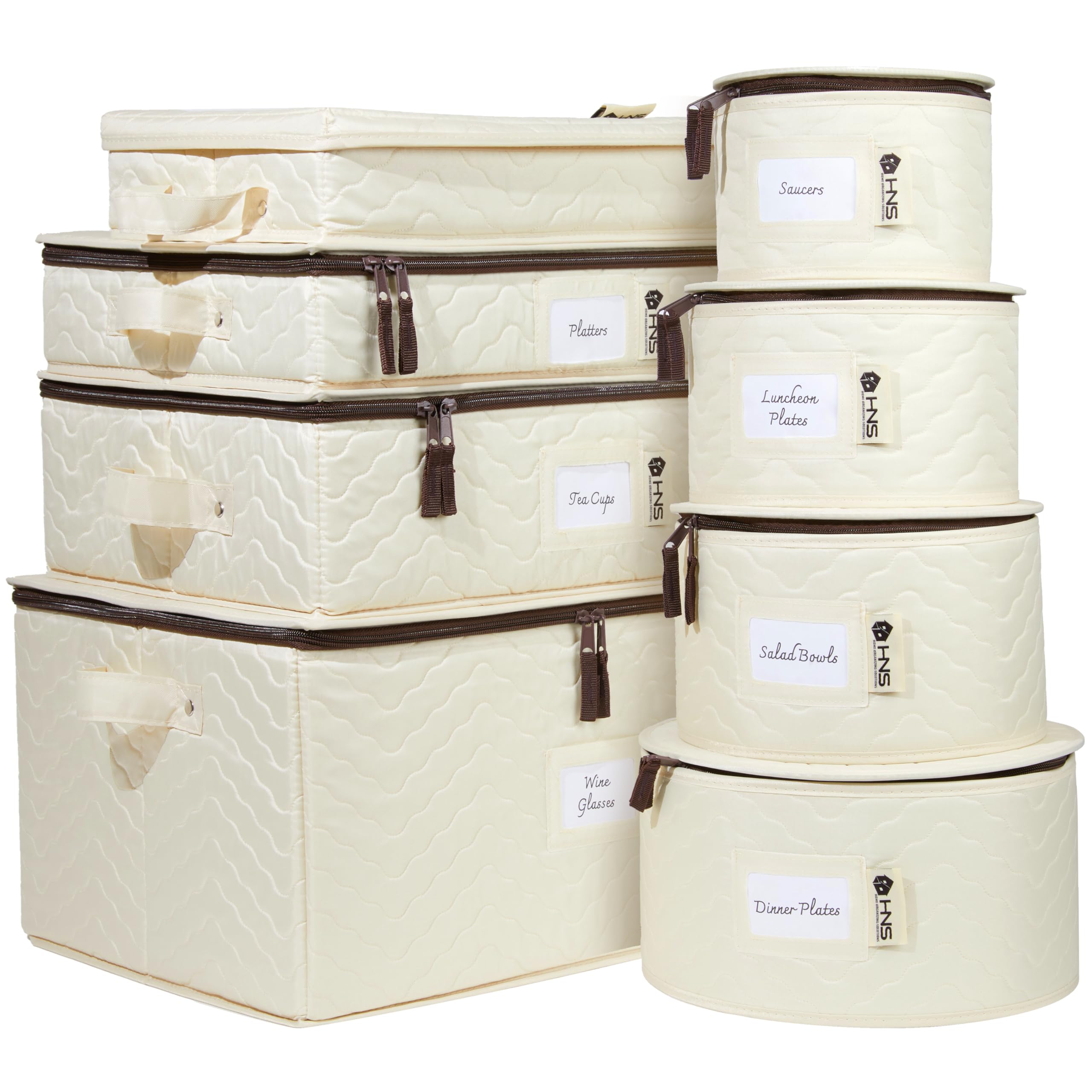 China Storage Hard Shell Containers 8-Piece Set Moving Boxes for Dinnerware, Glasses, Plates, Mugs and Saucers Sturdy Dish Organizer with Dividers for Seasonal Storage - Service for 12 - Beige Quilted Image