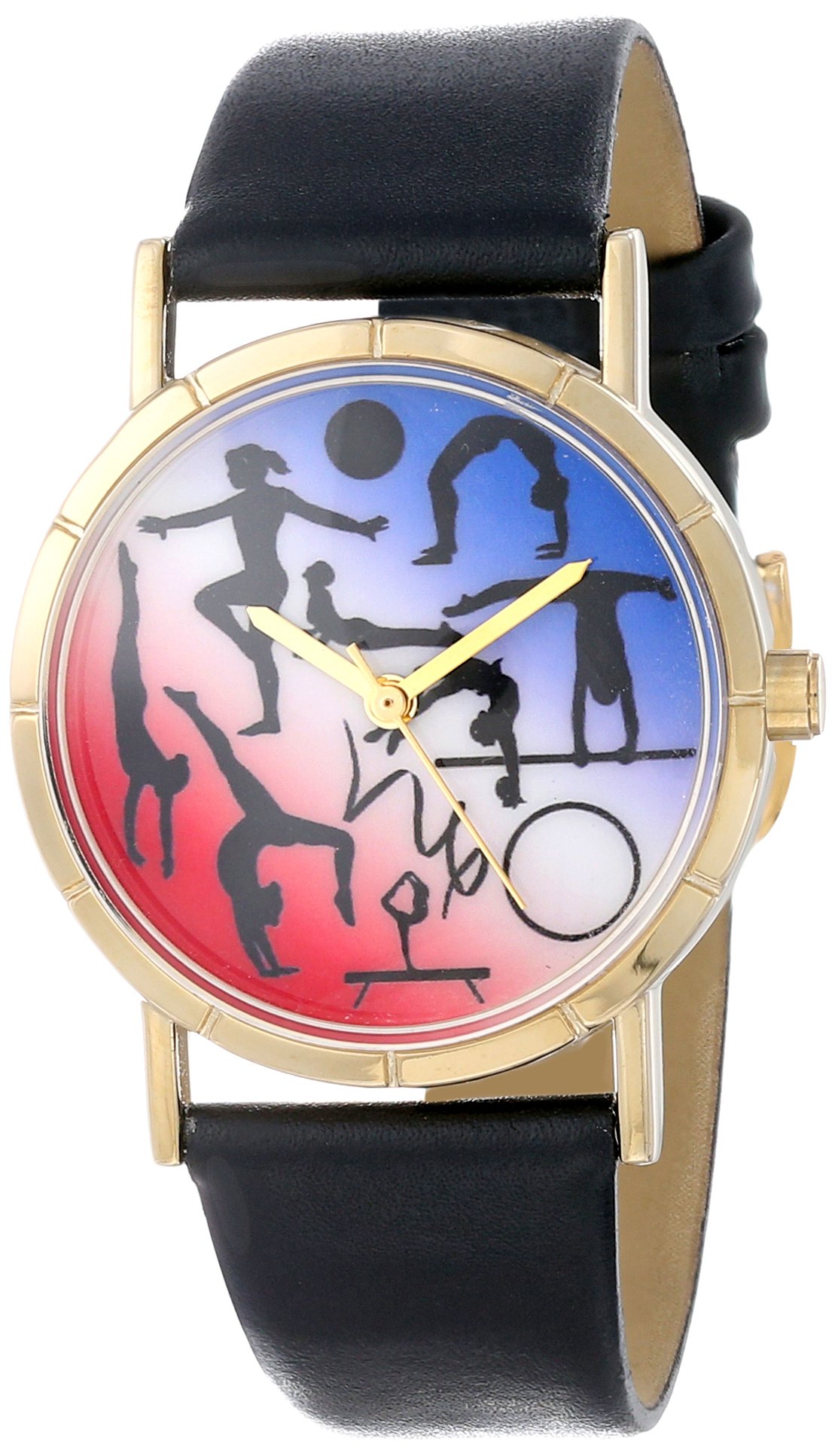 Whimsical Watches Gymnastics Lover Black Leather and Goldtone Photo Unisex Quartz Watch with White Dial Analogue Display and Multicolour Leather Strap P-0840024