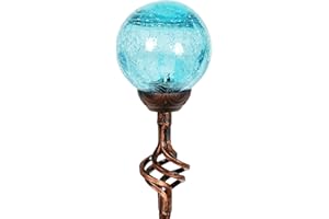 Exhart Solar Teal Cracked Crystal Ball Metal Finials Yard Stake - Glass Ball Metal Stake w/Solar LED Outdoor Lights, Glass Gl