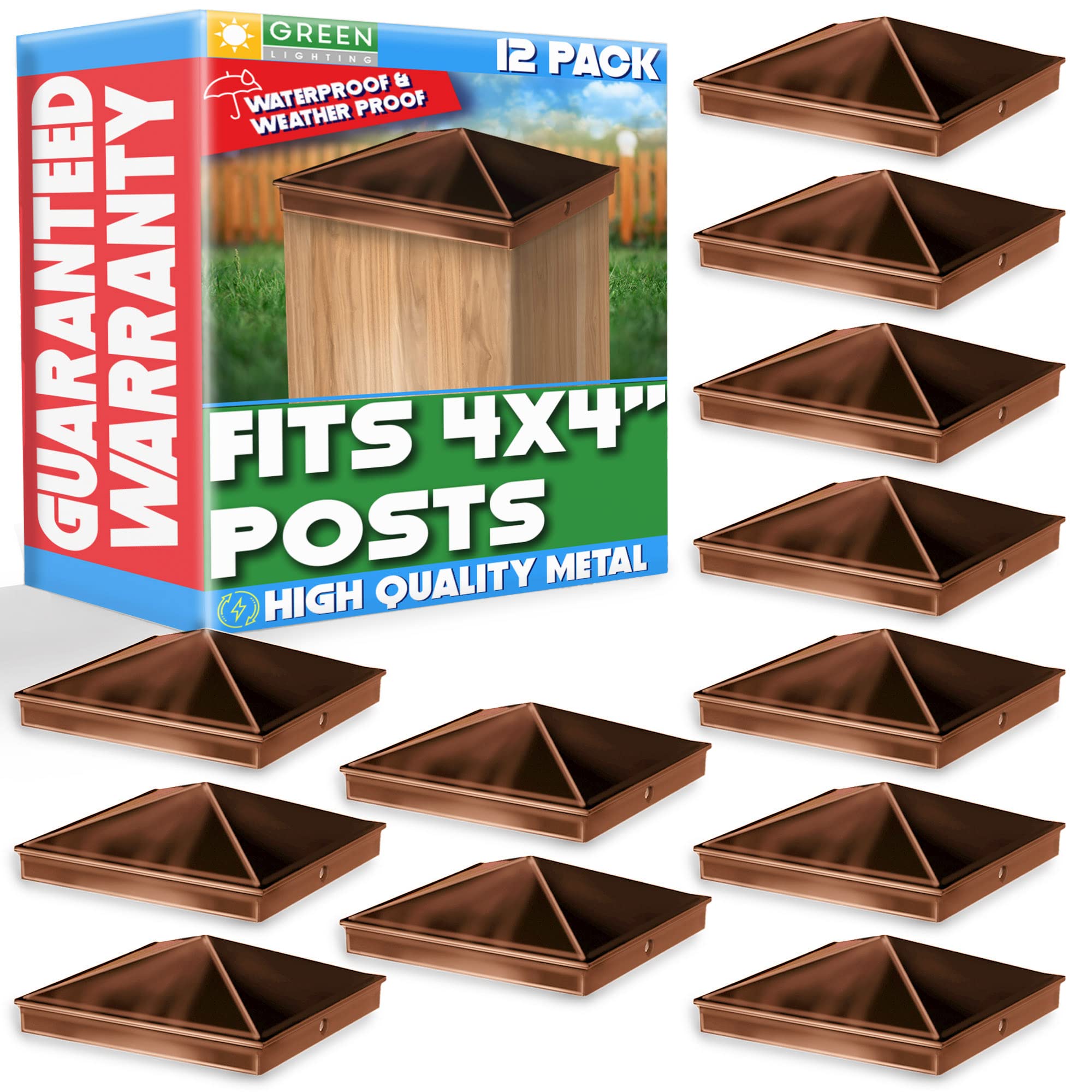 Photo 1 of GreenLighting 4x4 Aluminum Pyramid Post Cap Cover (Brown 12 Pack) Fits 4x4 Nominal Wood (True 3.5 x 3.5) Powder Coated Matte Outdoor Caps Cover, Fence, Decking, Waterproof
