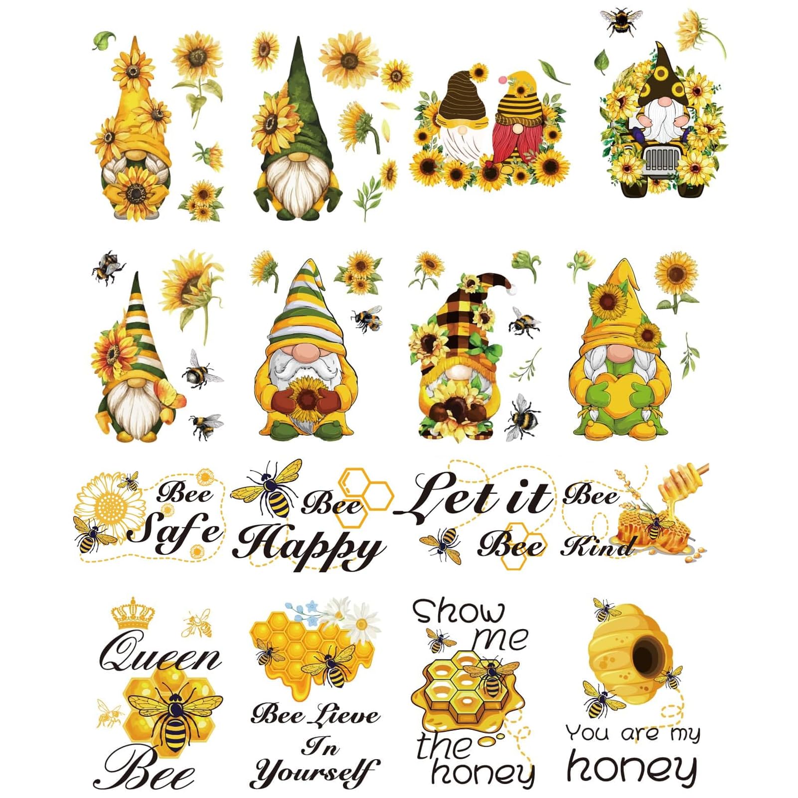 CRASPIRE 16 Sheets 2 Style Sunflower Window Clings Honey Bee Gnome Spring Window Stickers Window Decor Decals for Fridge Bedroom Living Room Kitchen Store Showcase Wall Decorations