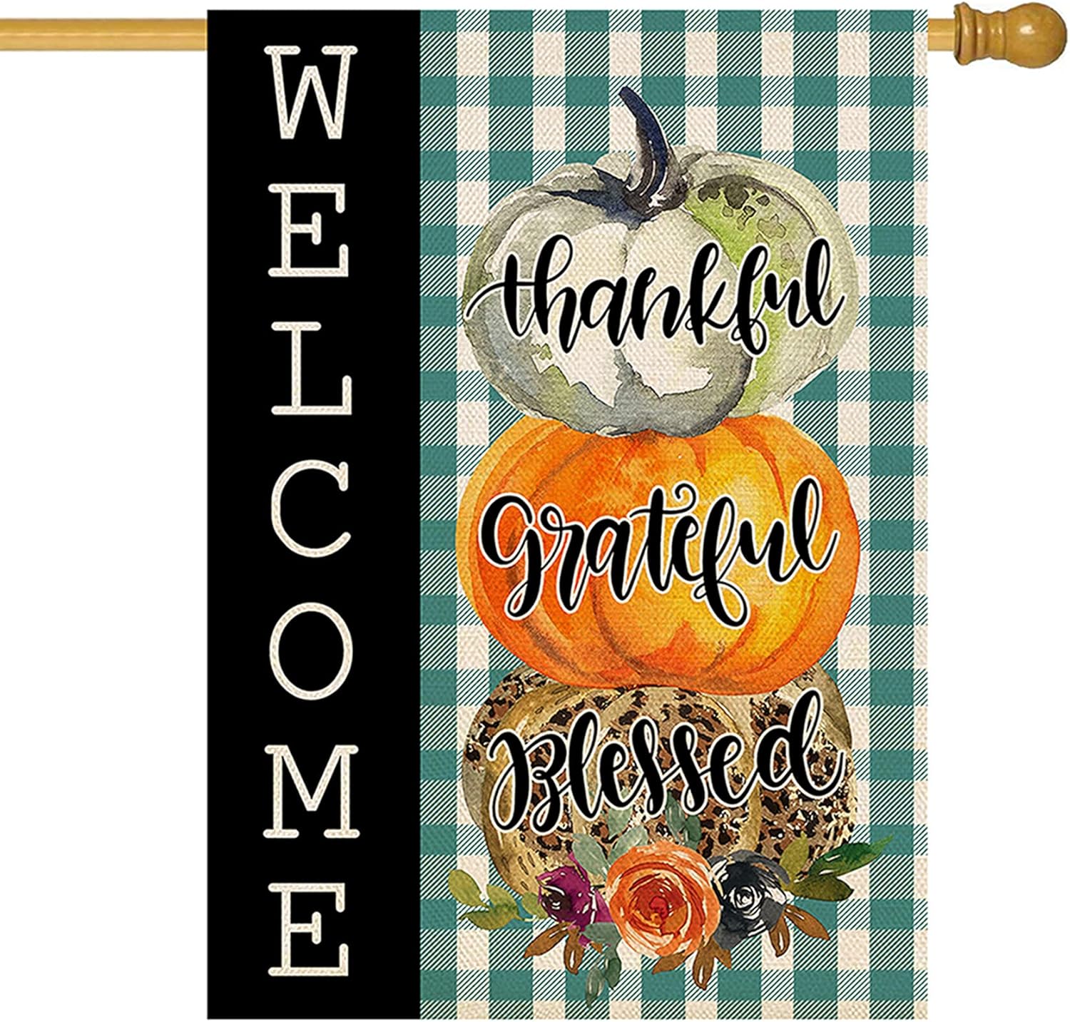 Flags - Baccessor Thankful Grateful Blessed House Flag Double Sided Fall Welcome Pumpkins Buffalo Plaid Thanksgiving Large House Flag Autumn Holiday Outdoor Outside Farmhouse Decoration 28x40 Inch