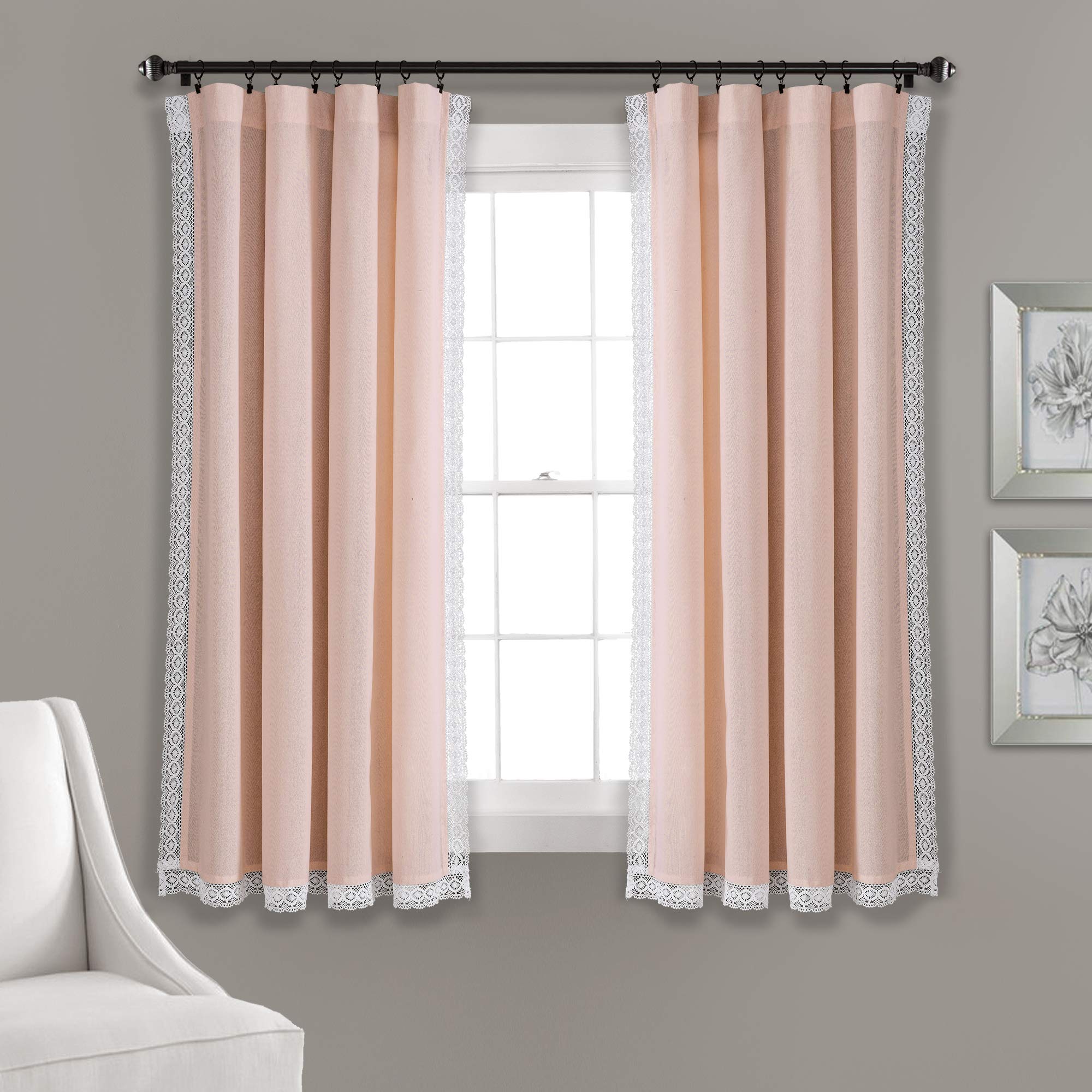 Lush Decor Rosalie Light Filtering Window Curtain Panel Set- Pair- Vintage Farmhouse & French Country Style Curtains - Timeless Dreamy Drape - Romantic Lace Trim - 54" W x 84" L, Blush