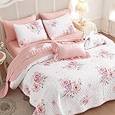 Wake In Cloud - Shabby Chic Quilt Set, Floral Coquette Cottagecore Farmhouse Vintage Flowers, for Women Teen Girls, Reversible Lightweight Bedspread Coverlet, 3 Pieces, White Pink, King Size