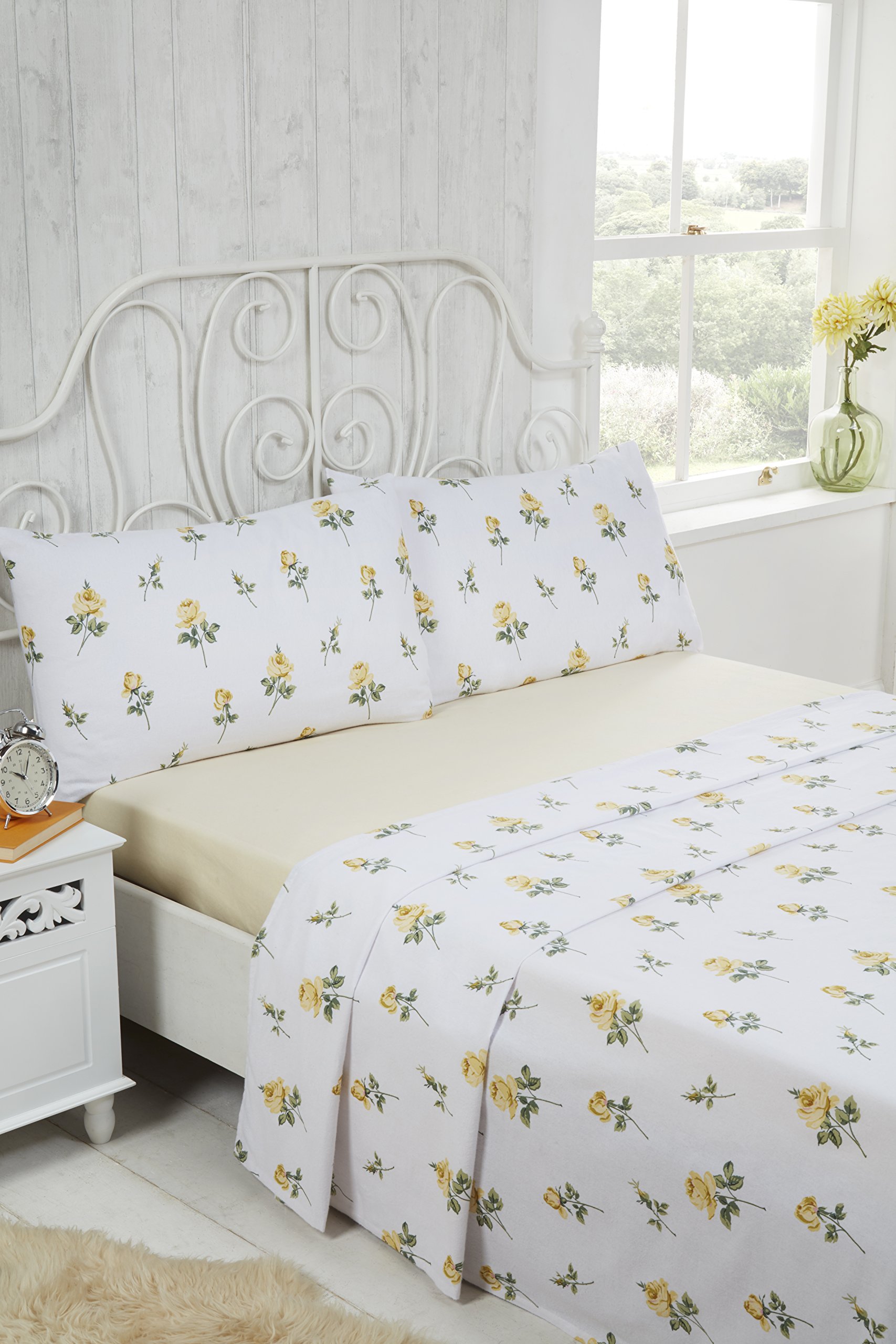 Rapport Rosebud 100% Brushed Sheet Set, Cotton, Lemon, Single