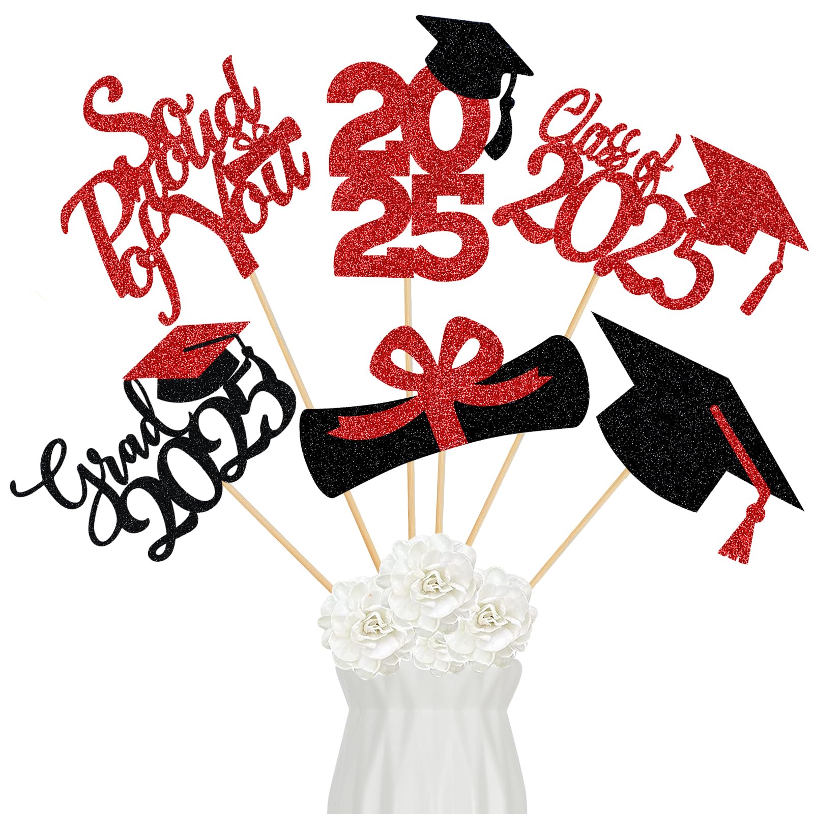 Photo 1 of 24Pcs 2025 Graduation Centerpieces Sticks Red and Black, Graduation Party Centerpieces for Tables 2025 Red 2025 Graduation Table Centerpieces Decorations