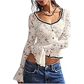RoseSeek Women's Elegant Lace Mesh Button Down Blouse Crew Neck Bell Sleeve Crop Tops