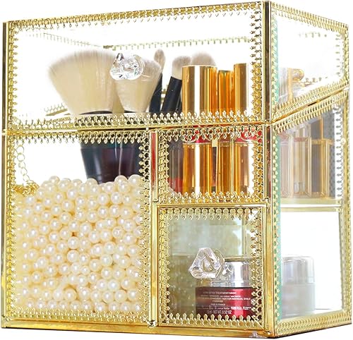 Antique Handmade Makeup Organizer Vintage Mirror Glass Brush Holder Cosmetic Storage Makeup Vanity Dresser Decoration Jewelry Box Make up Brushes 3Compartments with Free White Pearl and Lid