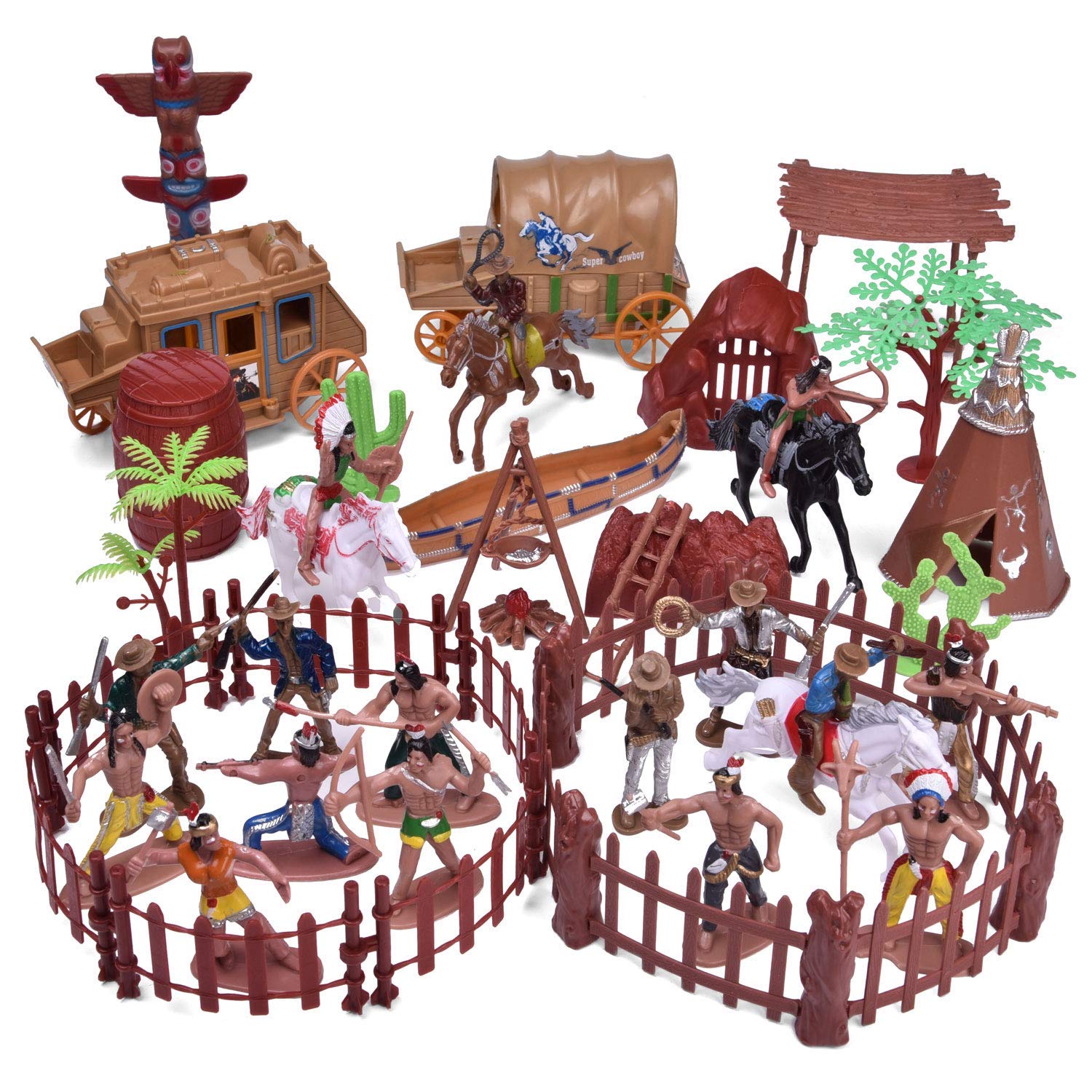 Photo 1 of FUN LITTLE TOYS 61 PCs Wild West Cowboys and Indians Plastic Figures Toys, Toy Soldiers for Kids, Wild West Figure Playset with Horse, Tent, Army Men Boy's War Game, Educational Toys, Birthday Gift