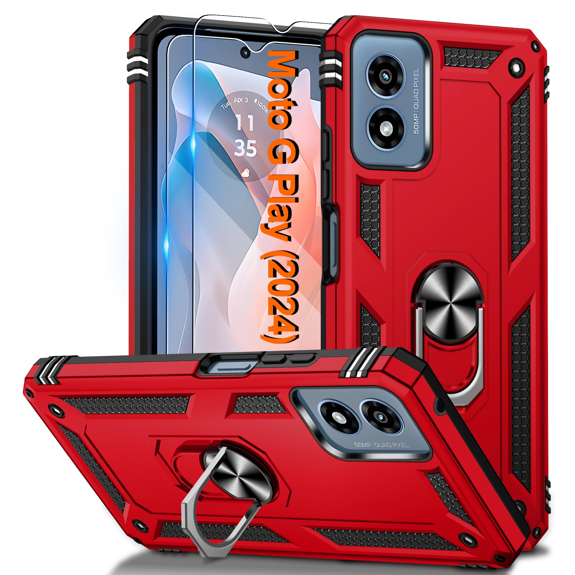 for Motorola Moto G-Play-2024 Case with 2PCS HD Screen Protector, Heavy Duty Smartphone Phone Cover Magnetic Ring Stand [𝐌𝐢𝐥𝐢𝐭𝐚𝐫𝐲 𝐆𝐫𝐚𝐝𝐞] Case for Moto GPlay 2024, Red