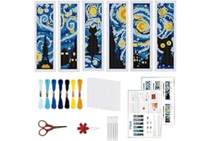 ORIGACH 6 Set Starry Night and Black Cat Cross Stitch Bookmark Kit for Beginner with Backing Felt Floss Instructions DIY Stam