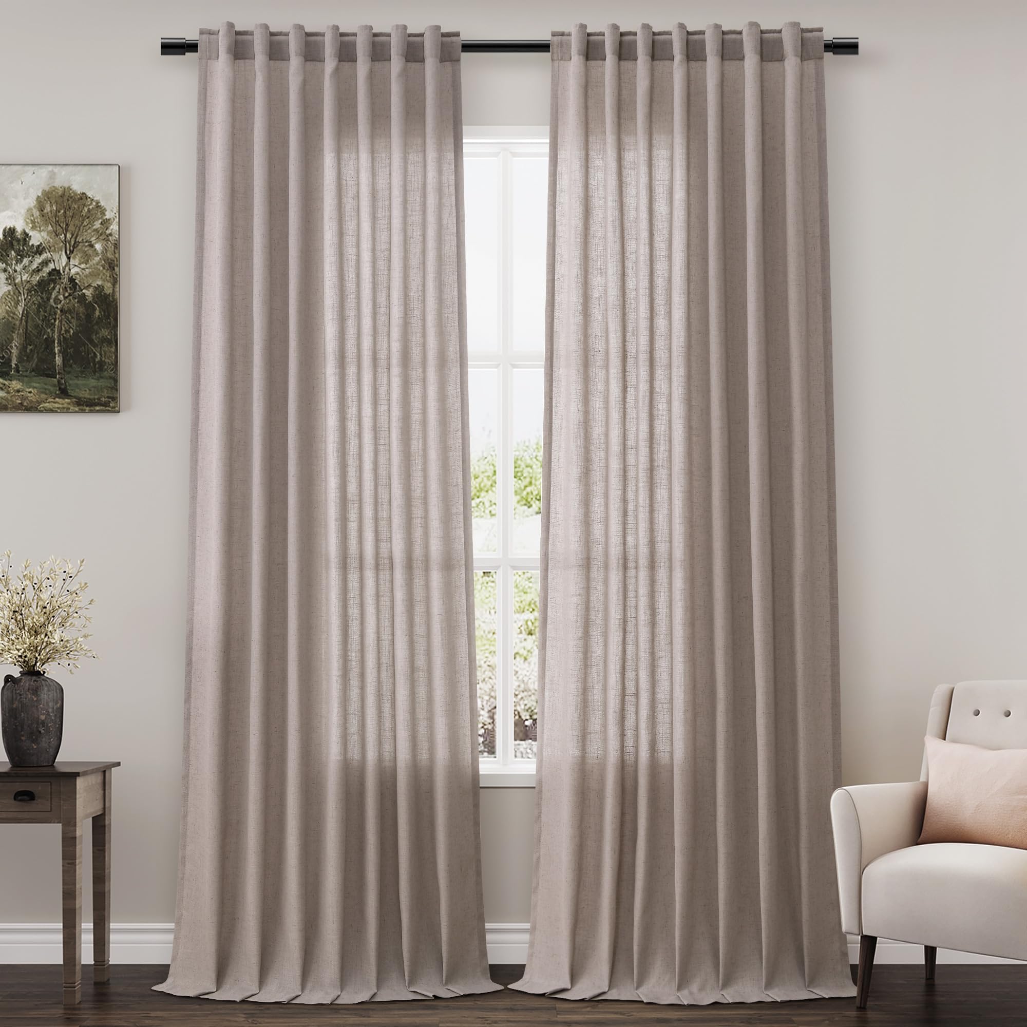 Extra Long Curtain 108 Inches Long 2 Panels Set Back Tab Dark Apricot Linen Drapes for Living Room Neutral Farmhouse Light Filtering Semi Sheer Linen Curtains 108 Inch Length for Large Window 9 FT
