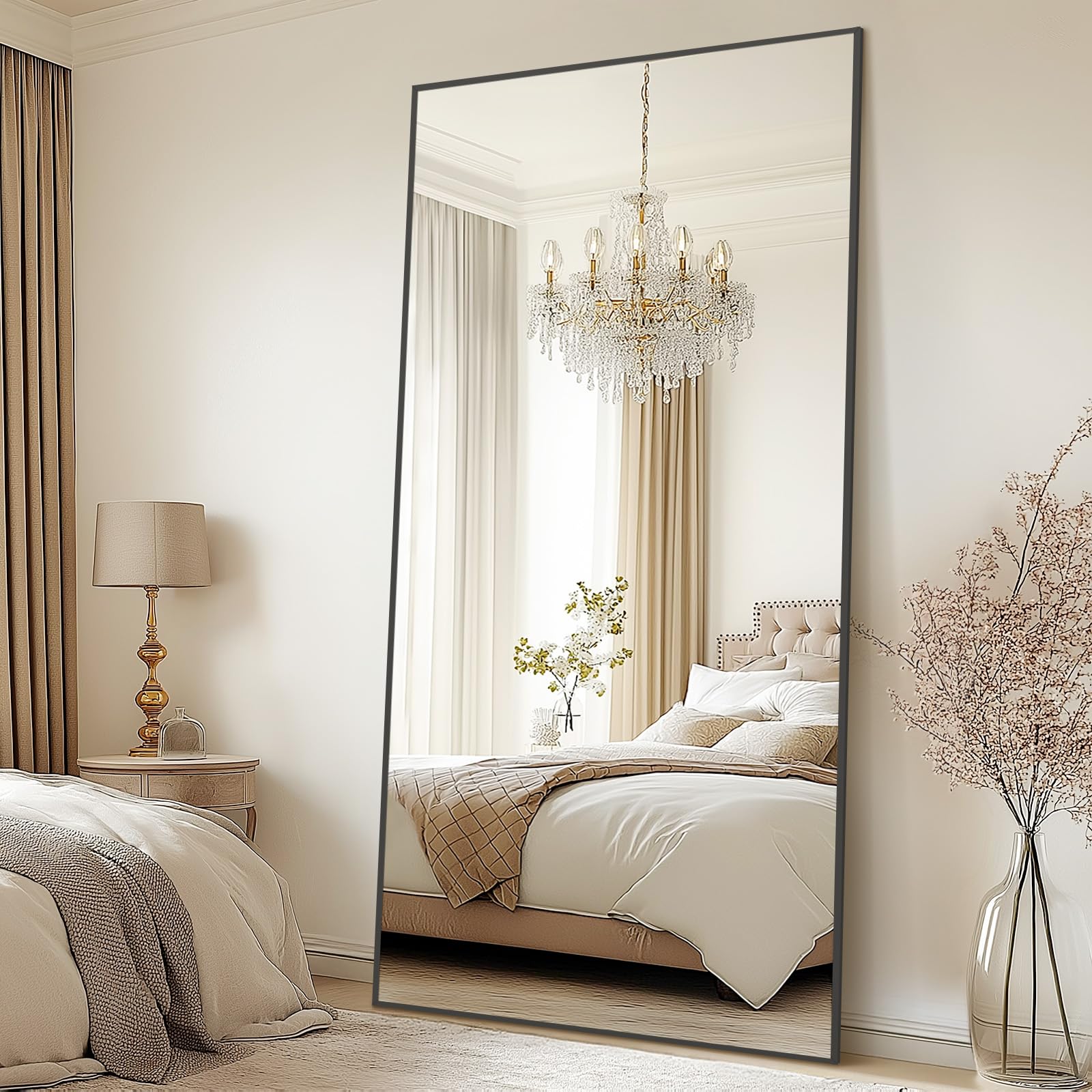 Photo 1 of 76"X34" Large Floor Mirror Full Length with Stand, Oversized Black Free Standing Full Length Mirror for Bedroom Living Room Home Gym, Rectangular Full Body Mirror, Tempered Glass