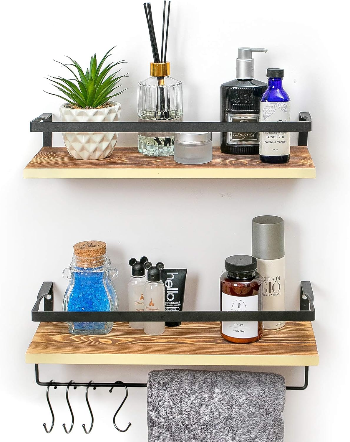 Floating Shelves Wall Mounted for Bathroom and Storage Shelves for Kitchen - Set of 2, with Towel Bar - Cotton Towel Included