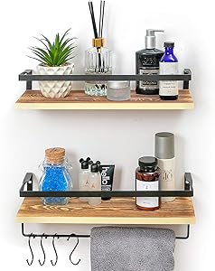 Floating Shelves Wall Mounted for Bathroom and Storage Shelves for Kitchen - Set of 2, with Towel Bar - Cotton Towel Included