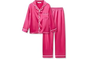Topgal Little & Big Girls Pajama Set Size 6-16 - Fuchsia Satin Silky Cute Long Sleeve & Pants Outfit