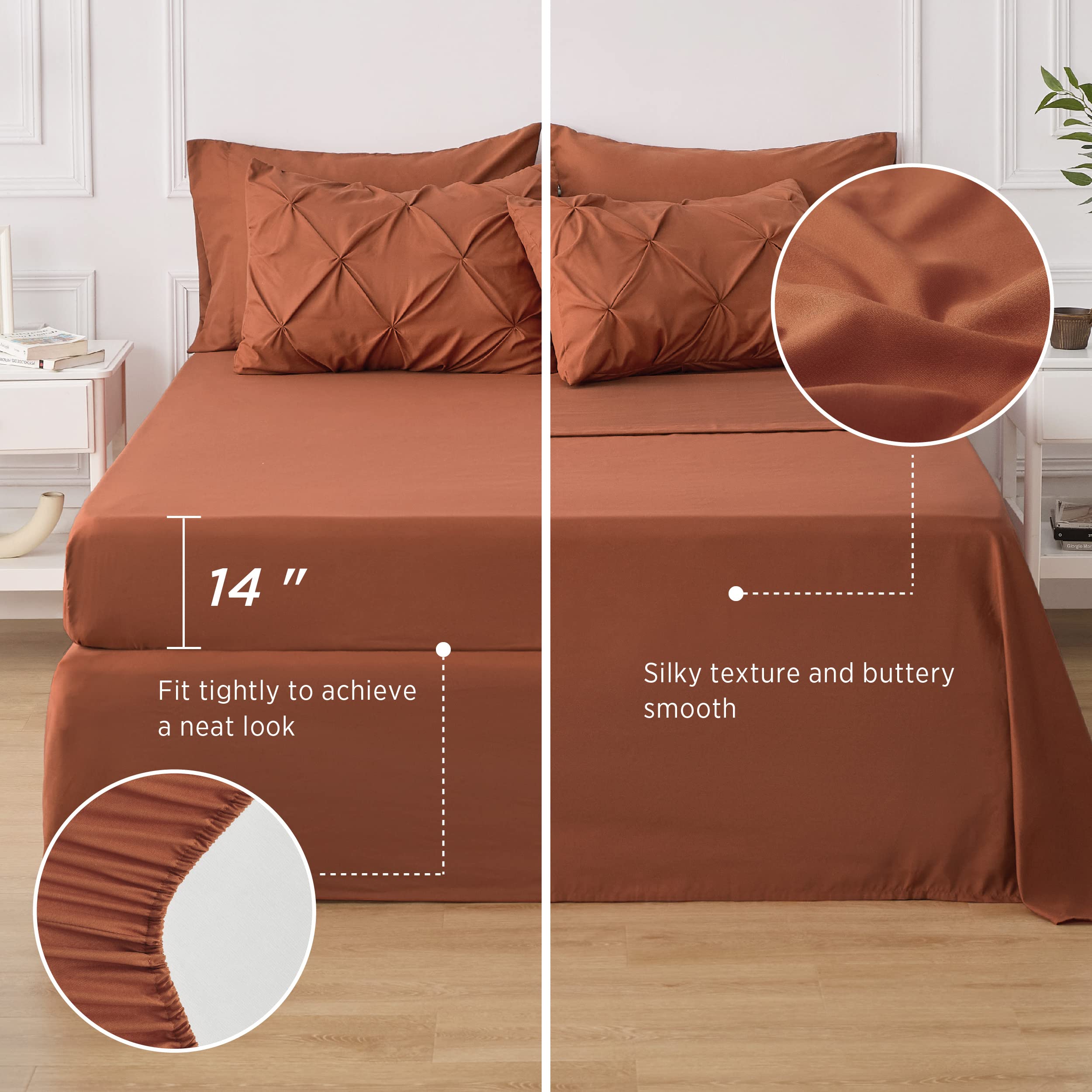 Bedsure California King Comforter Set Burnt Orange - Bed in a Bag California King Size 7 Pieces, GentleSoft™ Pintuck Bed Set Gift for Family, Pinch Pleat Comforter with Sheets, Pillowcases & Shams