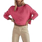 Ceputer Lightweight Crewneck Long Sleeve Cropped Sweater for Women Casual Loose Solid Fall Short Knit Pullover Sweaters