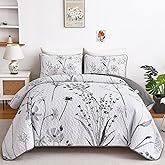 Dobuyly Floral Quilt Queen Size Set, Grey and White Botanical Queen Quilt Bedding Set 3 Pieces Soft Lightweight Microfiber Bedspread Coverlet Set for All Season, 96"x90"