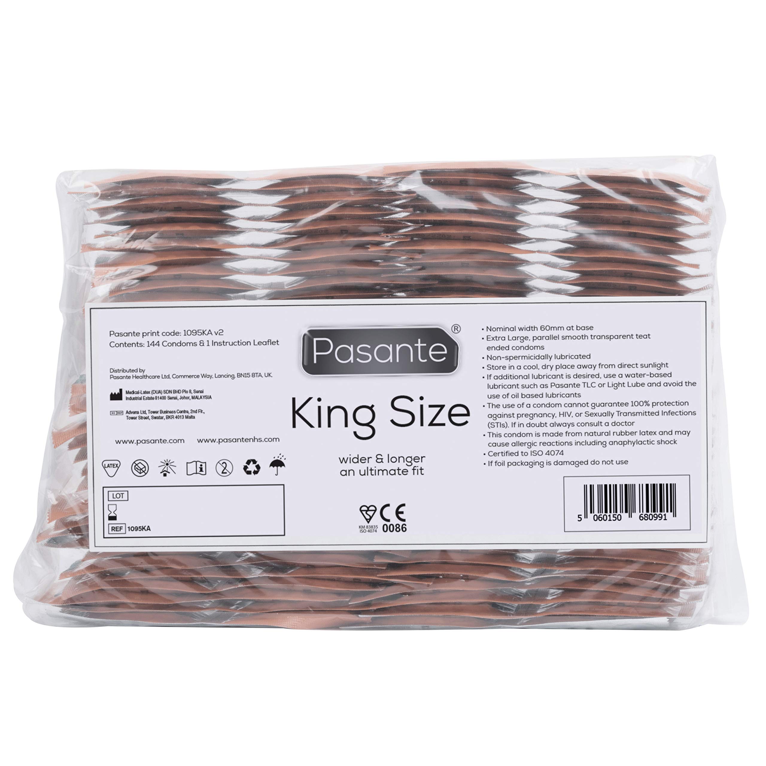 Pasante King Size Condoms Pack of 144 | Wider & Longer | 60mm Width | Ce Kitemark | Sperm Key Chain