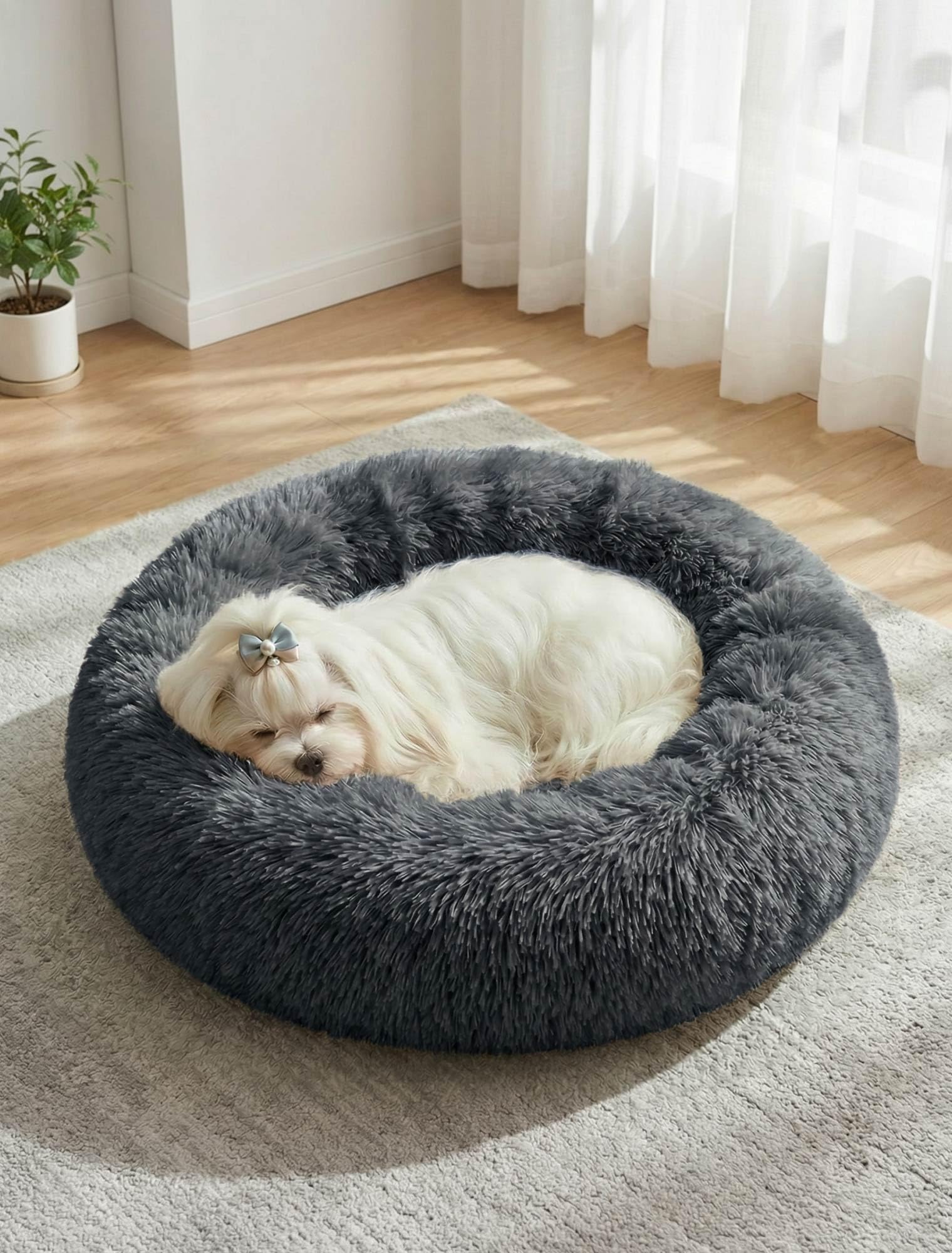 Flashbee Comfy Calming Dog Beds Medium Washable,Anti Anxiety Donut Ped Bed,Luxury Warm Fluffy Improved Sleep Amazingly Cat Bed Cuddler,Anti-Slip Bottom Round Puppy ​for Small (M,Dark Gray) — image 1