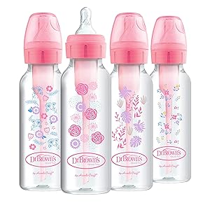 Dr. Brown's Options+ Baby Bottles, 8 oz/250ml, Narrow Bottle, Pink Floral Designs, 4 Pack