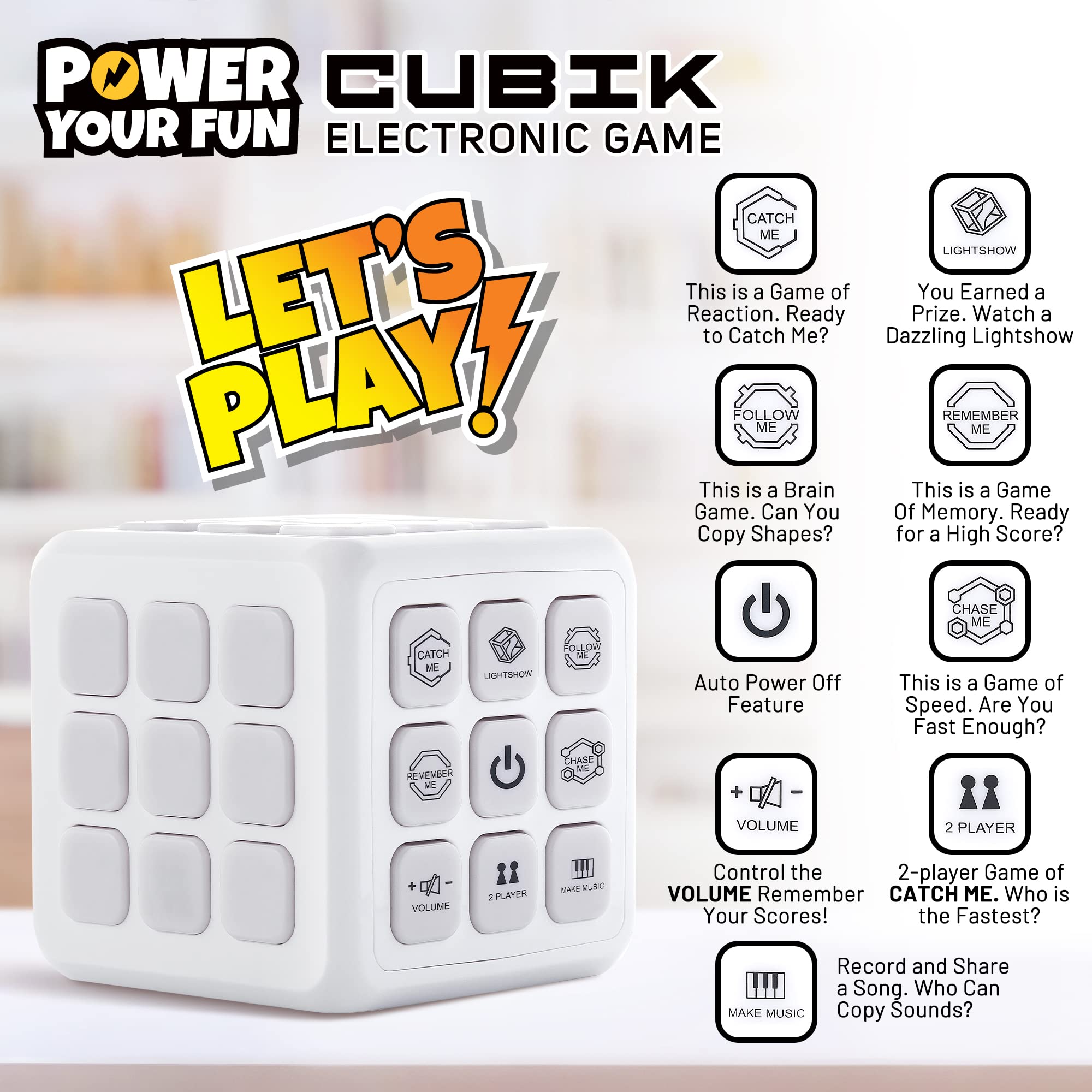 Power Your Fun Cubik LED Flashing Cube Memory Game - Electronic Handheld Game, 5 Brain Memory Games for Kids STEM Sensory Toy Brain Play 3D Puzzle Fidget Light Up Cube Stress Relief Fidget Toy (White)