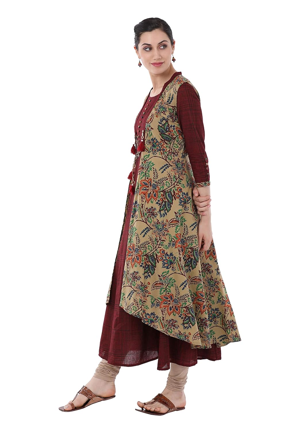 gulmohar jaipur women's layer cotton kurti (maroon)