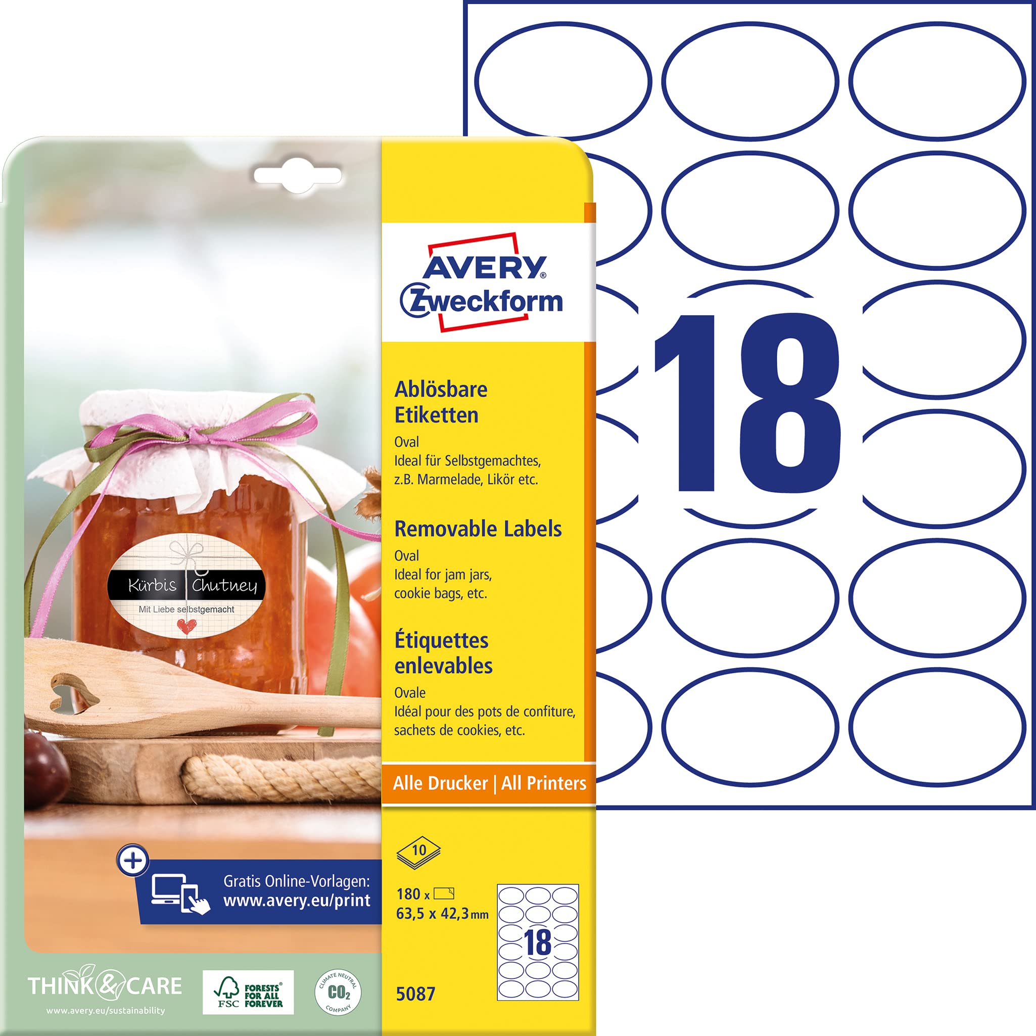 Avery Zweckform 5087 Self-Adhesive Bottle Labels 63.5 x 42.3 mm, Oval, Stickers, Ideal for Preserving Jars, Spice Jars, Liqueur Bottles, Homemade Food White 10 Sheets, 180 Labels