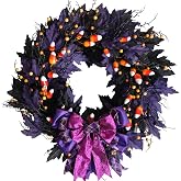 idyllic 22 Inches Halloween Door Wreath, Black Halloween Wreaths for Front Door with Purple Bow Witch Ornaments Decorations