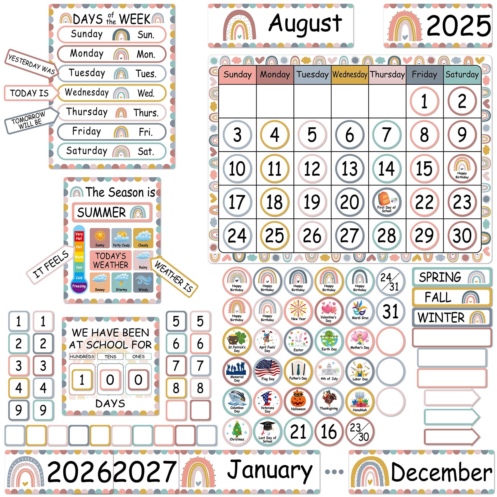 Photo 1 of 132 Pieces Boho Rainbow Calendar Bulletin Board Set with Days of The Week, Days in School, Seasons, Festival, Weather Cards for Classroom Home Decoration Supplies