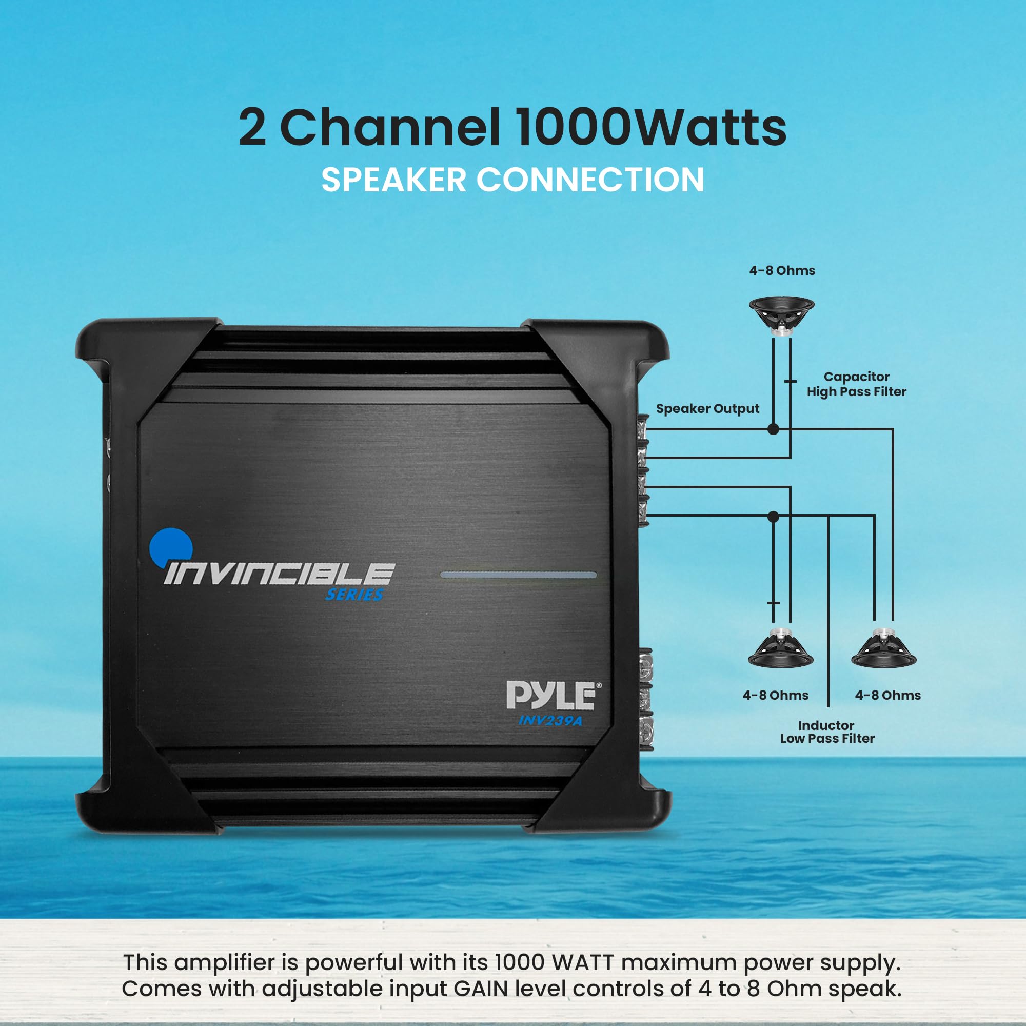 Pyle 9” Class AB Mosfet Amplifier - Invincible Series Bridgeable Amp, 2 Channel 1000 Watts Max, Mosfet PWM Power Supply, High-Current Dual Discrete Drive Stages, Advanced Protection Circuitry
