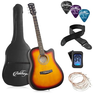 Ashthorpe 41-inch Beginner Cutaway Acoustic Guitar Package (Sunburst), Full Size Basic Starter Kit w/Gig Bag, Strings, Strap, Tuner, Picks