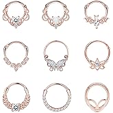 Staligue 9Pcs 16G Septum Clicker Rings Stainless Steel Hoop Hinged Segment CZ Opal Nose Rings for Women Cartilage Tragus Hoop Helix Daith Earrings Nose Piercing Jewelry 8MM