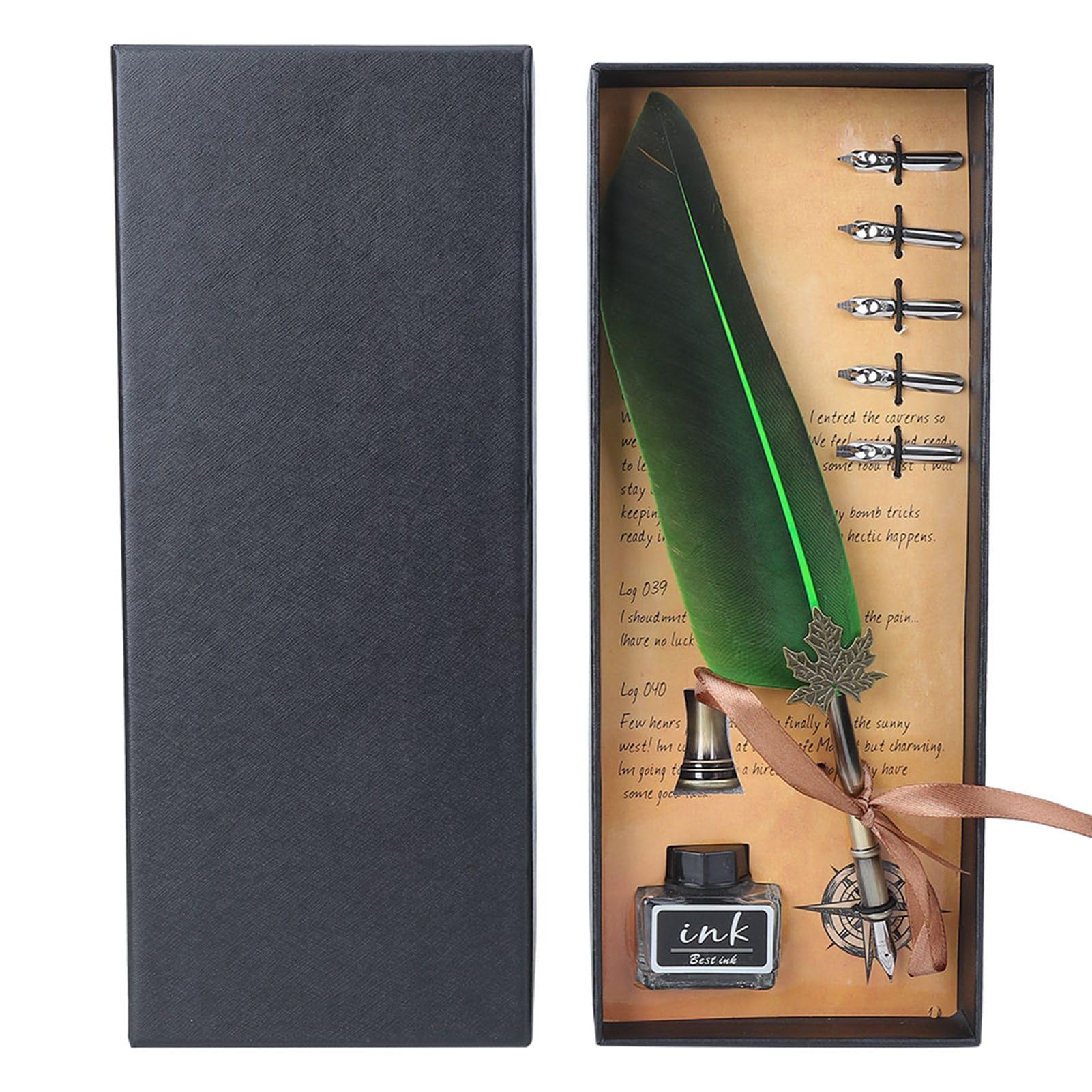 Feather Dip Pen Set Antique Calligraphy Writing Pen Calligraphy Set Quill Pen Quill Feather Pen for Kids Friend Christmas Birthday Gift Set(Green)