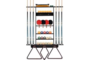 Billmart Wall Mount Pool Stick Holder, 2-in-1 Pool Stick & Ping Pong Paddle Holder, Solid Wood Cue Rack with Storage for Pool Table Accessories, Black