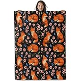 Graceful Fox with Flowers Blanket, 60 x 50 Inch Flannel Cute Foxes Floral Design Throw Blanket, Gifts for Women Girls Boys Adults Kids, Lightweight Cozy Warm Blankets for Sofa Travel Home Decor