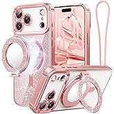 Meifigno Designed for iPhone 17 Pro Magnetic Case with Removable Phone Ring Stand, [Glitter Card & Wrist Strap] [MagSafe Compatible] [Built-in Mirror] Phone Ring Stand + Phone Case Kit, Rose Gold