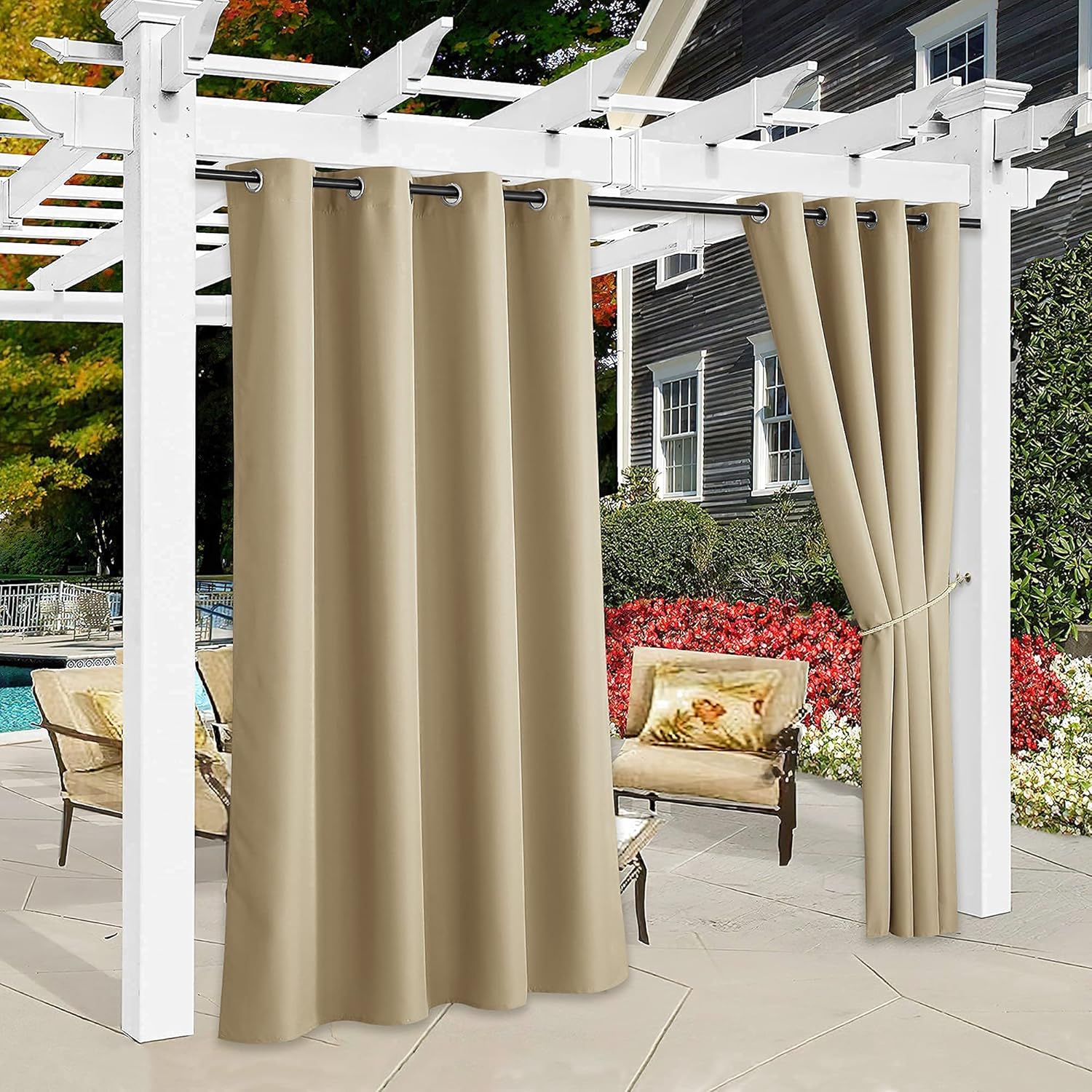 Outdoor Curtains - RYB HOME Indoor Outdoor Curtains Room Darkening Thermal Insulated Window Treatment Waterproof Privacy Protection for Patio Pergola Porch, Taupe, W55 x L96 inches, 2 Pieces