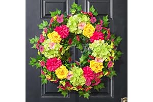 MARTINE MALL Spring Wreaths for Front Door 24 Inch Large Spring Summer Door Wreath Vibrant Colorful Hydrangea Rose Wreaths Ar