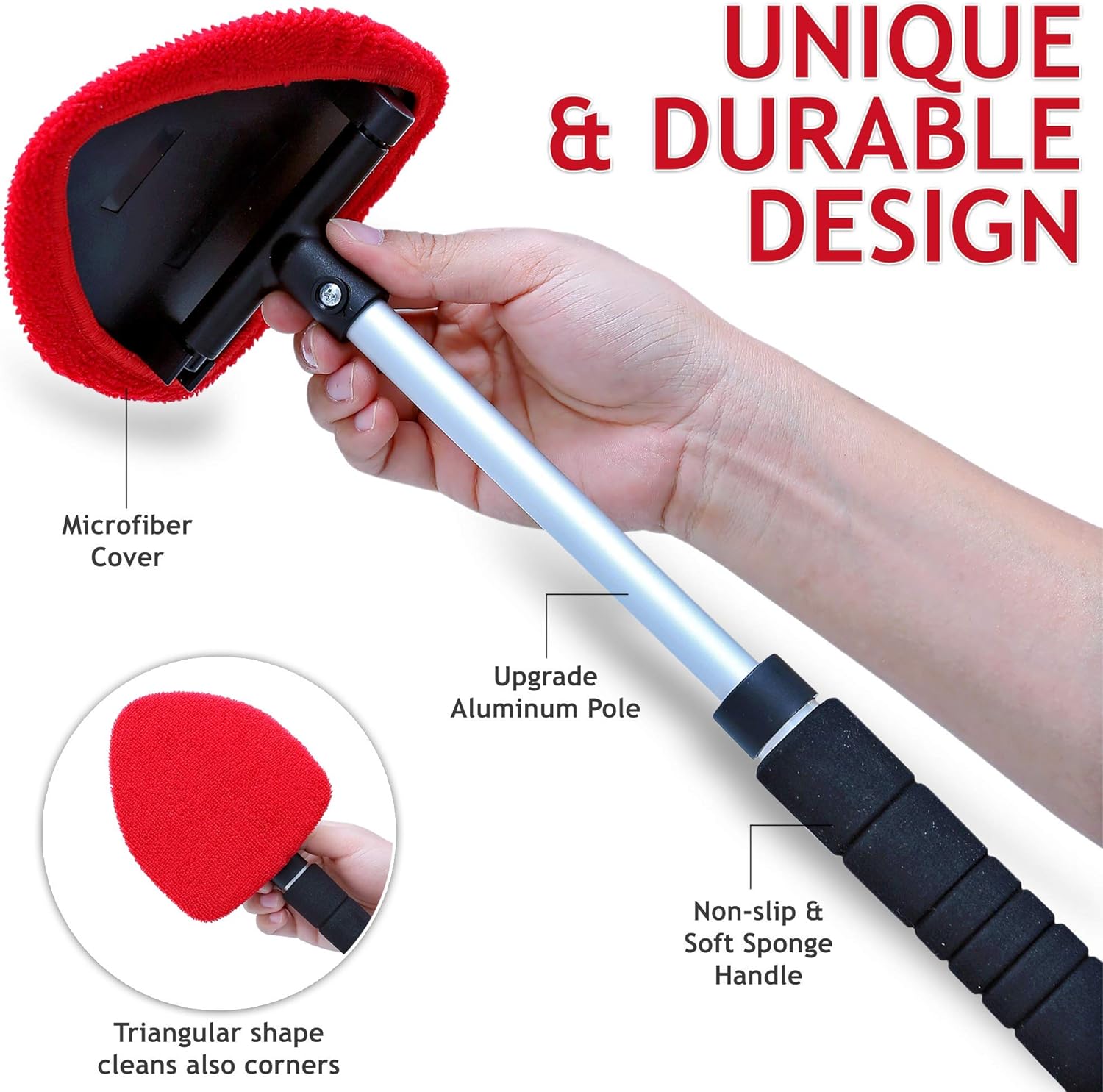 Windshield Window Cleaner Tool, Unbreakable Extendable Long-Reach Handle, Unique Pivoting Triangular Head, 3 Washable Reusable Microfiber Bonnets, Car & Home Inside Interior Exterior Use - Lint Free: Automotive
