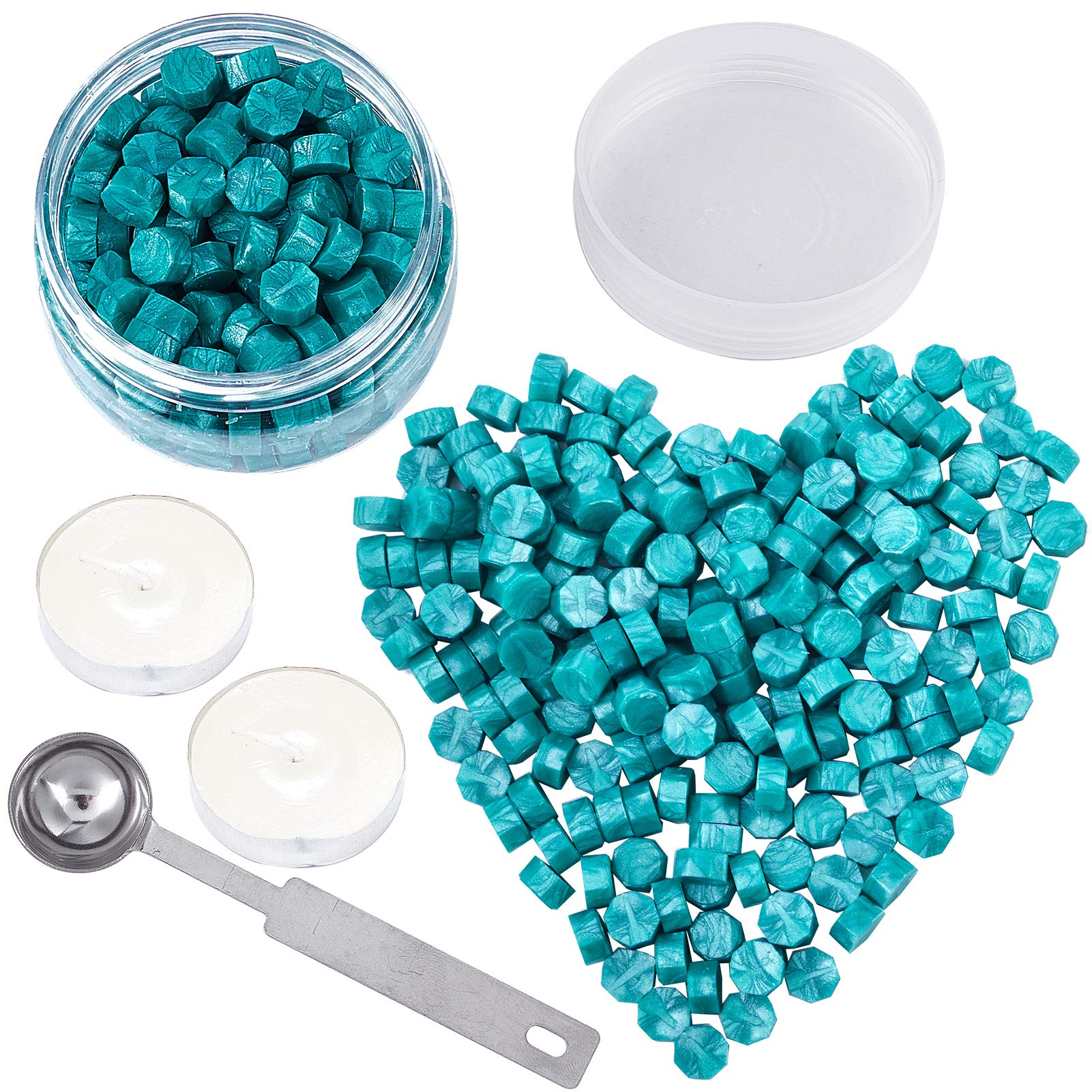 CRASPIRE 210 Pieces Sealing Wax Beads Set Wax Seal Beads Kit with 1Pcs Melting Spoon and 2Pcs Tealight Candles for Wax Seal Stamp Letter Wedding Gift (Turquoise)