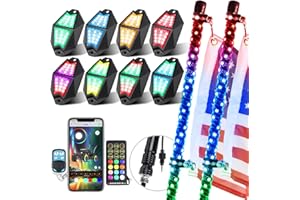 AddSafety 2PCS 3FT UTV Whip Lights and 8Pods Rock Lights Combo with APP & Remote Control Chasing Color Offroad Warning Lighted Antenna Whips and Neon Lights Kit