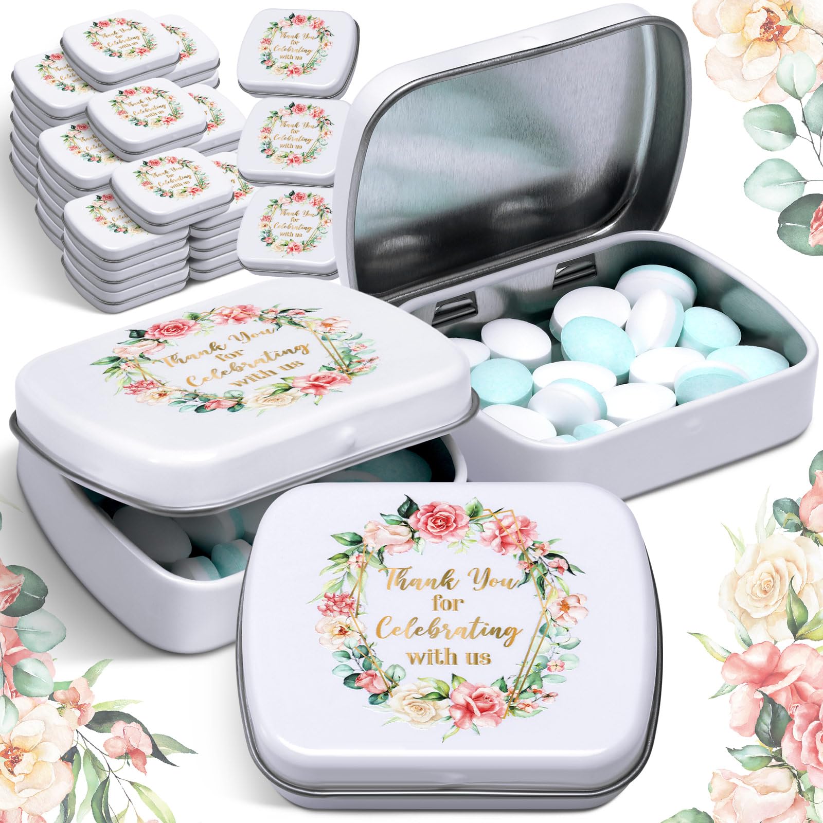 Photo 1 of 24 Pcs Wedding Mint Tins Bulk Small Tin Box with Lids Mini Rectangle Empty Hinged Tins Wedding Favor Thank You for Celebrating with Us Gifts for Bridal Shower Favor for Storage Candies Key Earring