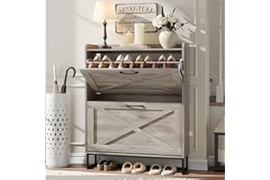 Maupvit Shoe Cabinet with 2 Flip Drawers, Freestanding Shoe Cabinet Organizer with Metal Legs, Shoes Storage Cabinet for Entryway, Narrow Shoe Rack Cabinet, Washed Gray